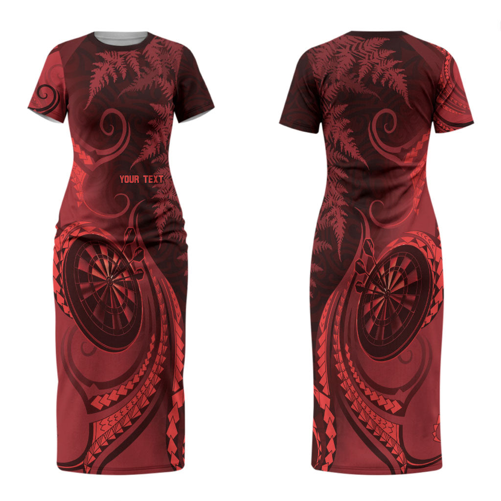 Personalised New Zealand Red Darts Couples Matching Short Sleeve Bodycon Dress and Hawaiian Shirt Maori Fern Curve Style