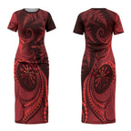 Personalised New Zealand Red Darts Couples Matching Short Sleeve Bodycon Dress and Hawaiian Shirt Maori Fern Curve Style