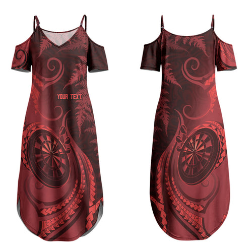 Personalised New Zealand Red Darts Couples Matching Summer Maxi Dress and Hawaiian Shirt Maori Fern Curve Style