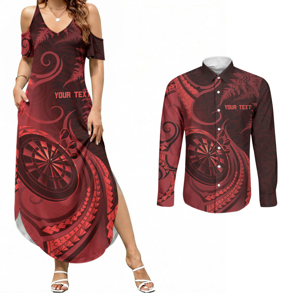 Personalised New Zealand Red Darts Couples Matching Summer Maxi Dress and Long Sleeve Button Shirt Maori Fern Curve Style