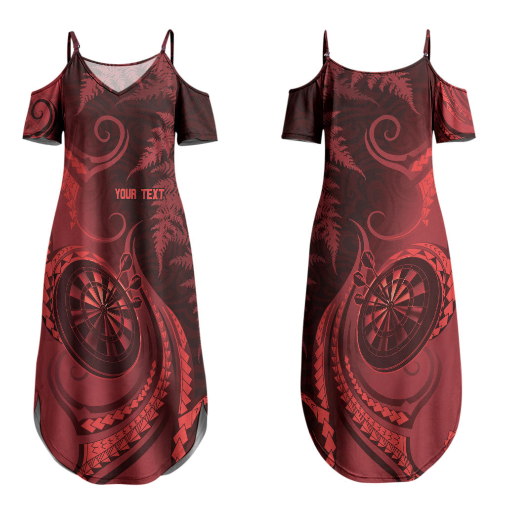 Personalised New Zealand Red Darts Couples Matching Summer Maxi Dress and Long Sleeve Button Shirt Maori Fern Curve Style