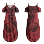 Personalised New Zealand Red Darts Couples Matching Summer Maxi Dress and Long Sleeve Button Shirt Maori Fern Curve Style