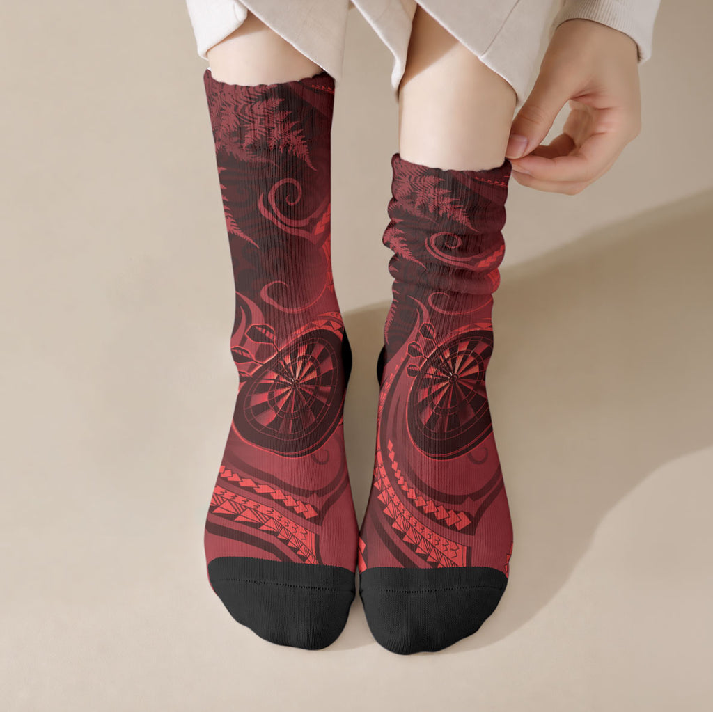 New Zealand Red Darts Crew Socks Maori Fern Curve Style