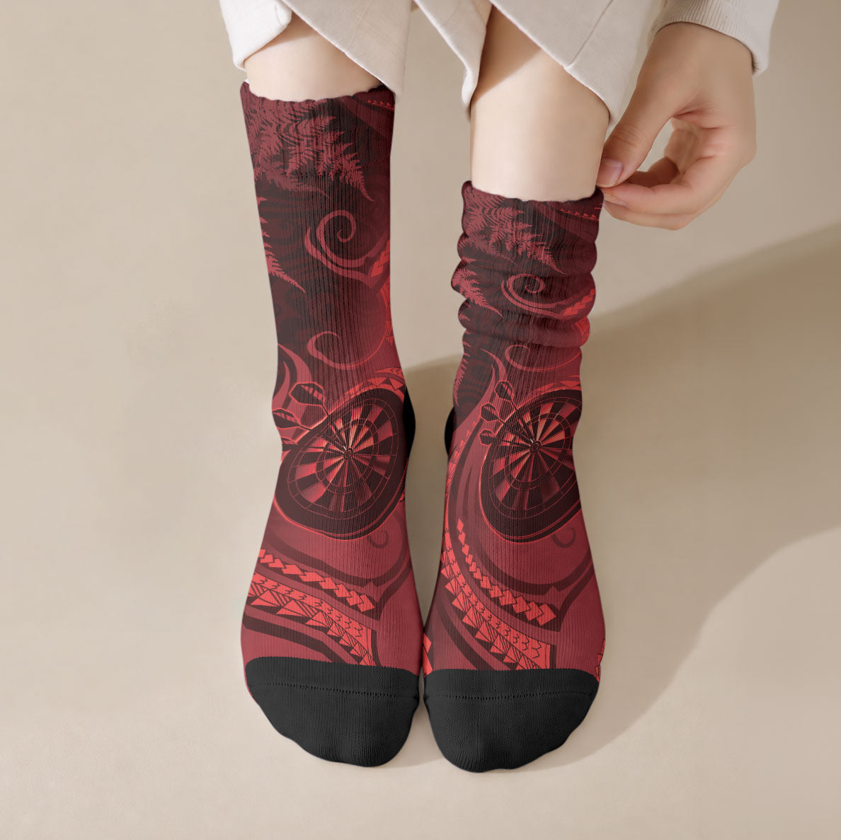 New Zealand Red Darts Crew Socks Maori Fern Curve Style