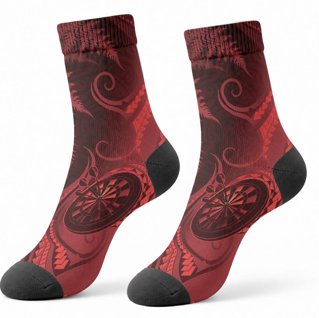 New Zealand Red Darts Crew Socks Maori Fern Curve Style