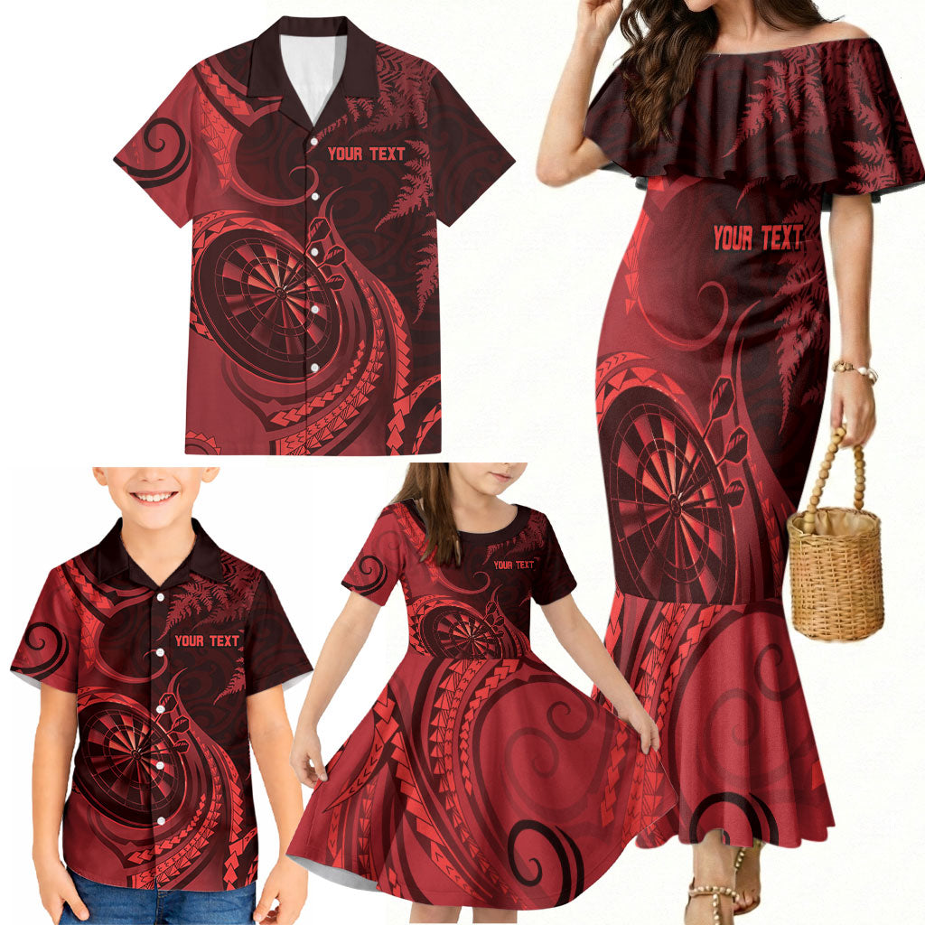 Personalised New Zealand Red Darts Family Matching Mermaid Dress and Hawaiian Shirt Maori Fern Curve Style