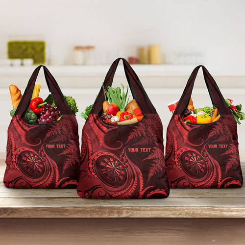 Personalised New Zealand Red Darts Grocery Bag Maori Fern Curve Style