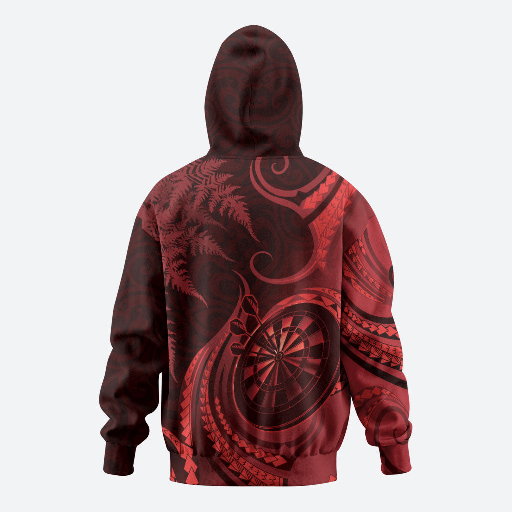 Personalised New Zealand Red Darts Hoodie Maori Fern Curve Style