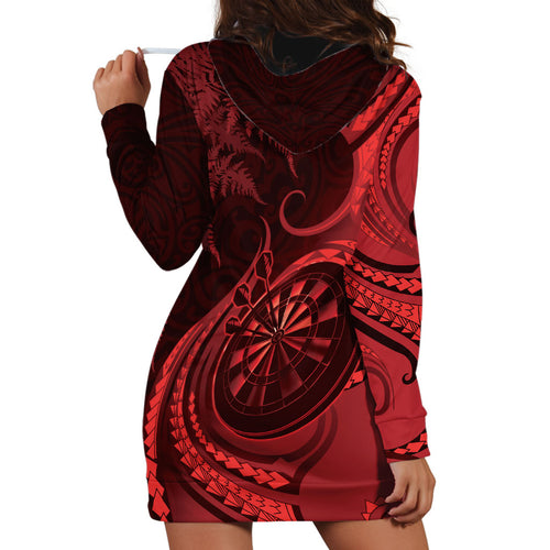 Personalised New Zealand Red Darts Hoodie Dress Maori Fern Curve Style