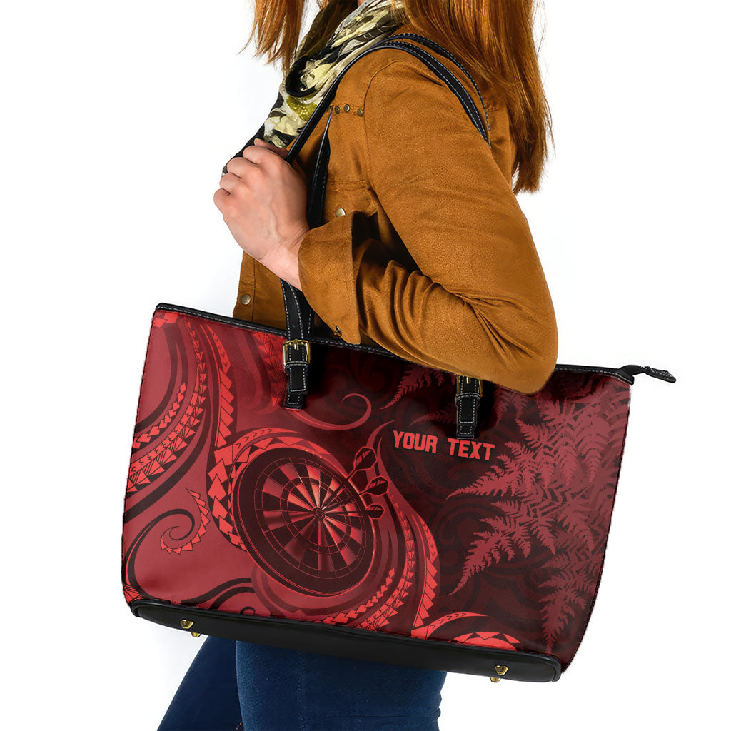 Personalised New Zealand Red Darts Leather Tote Bag Maori Fern Curve Style
