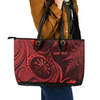 Personalised New Zealand Red Darts Leather Tote Bag Maori Fern Curve Style