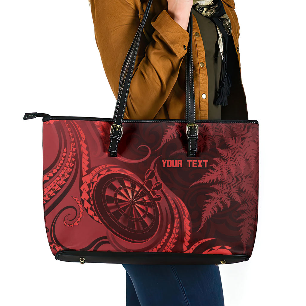 Personalised New Zealand Red Darts Leather Tote Bag Maori Fern Curve Style