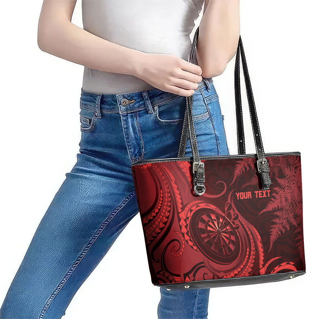 Personalised New Zealand Red Darts Leather Tote Bag Maori Fern Curve Style