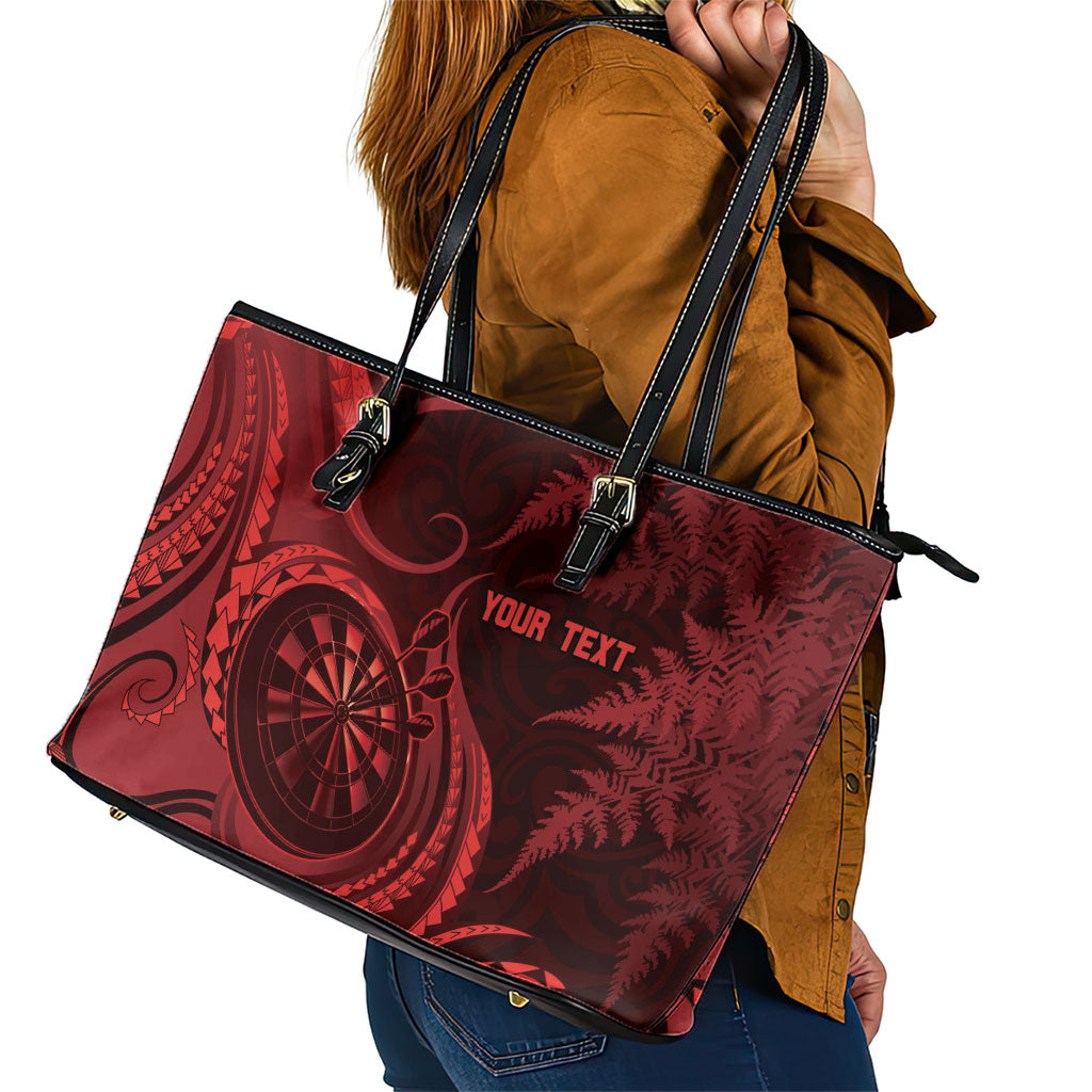 Personalised New Zealand Red Darts Leather Tote Bag Maori Fern Curve Style