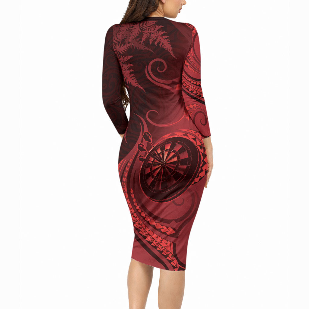 Personalised New Zealand Red Darts Long Sleeve Bodycon Dress Maori Fern Curve Style