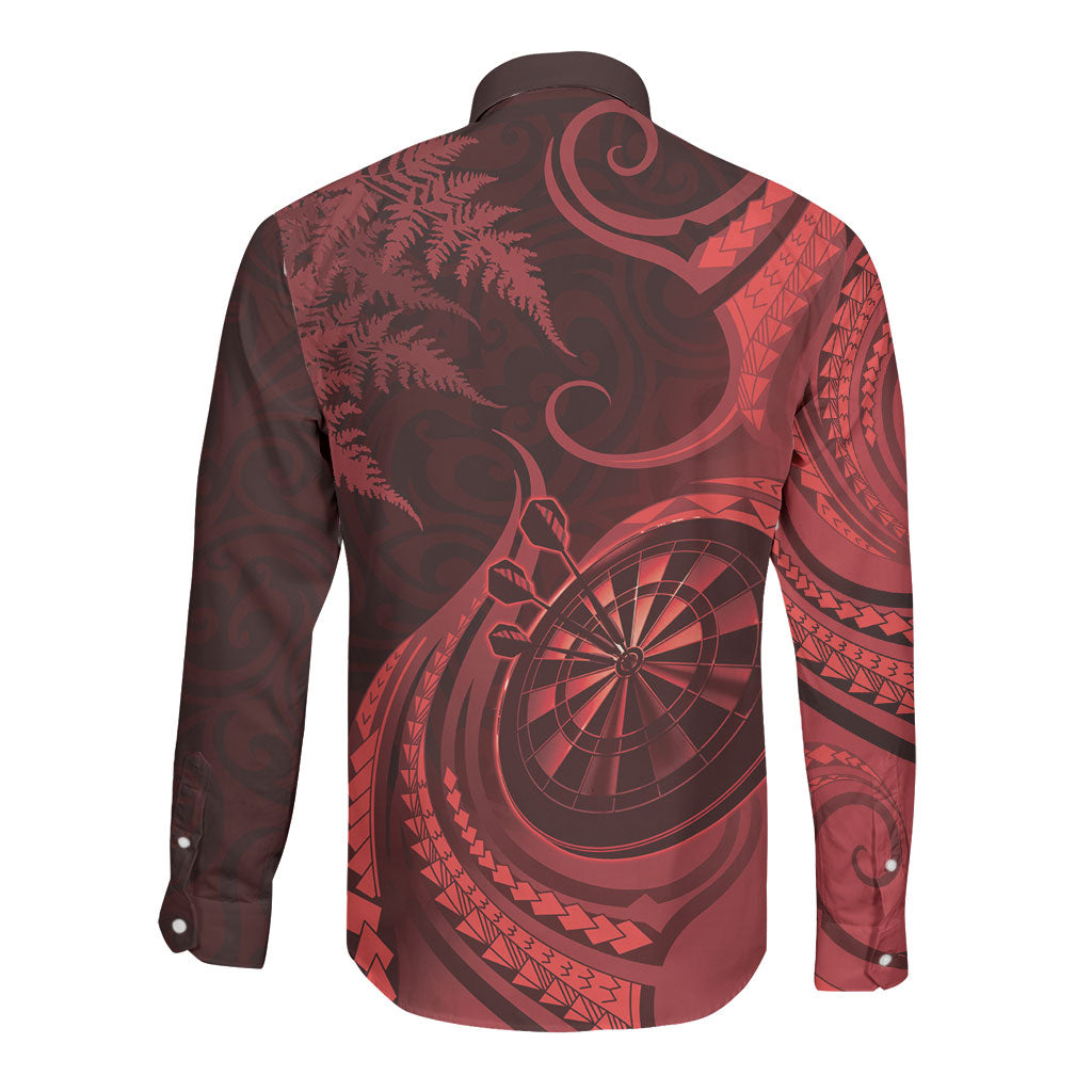Personalised New Zealand Red Darts Long Sleeve Button Shirt Maori Fern Curve Style