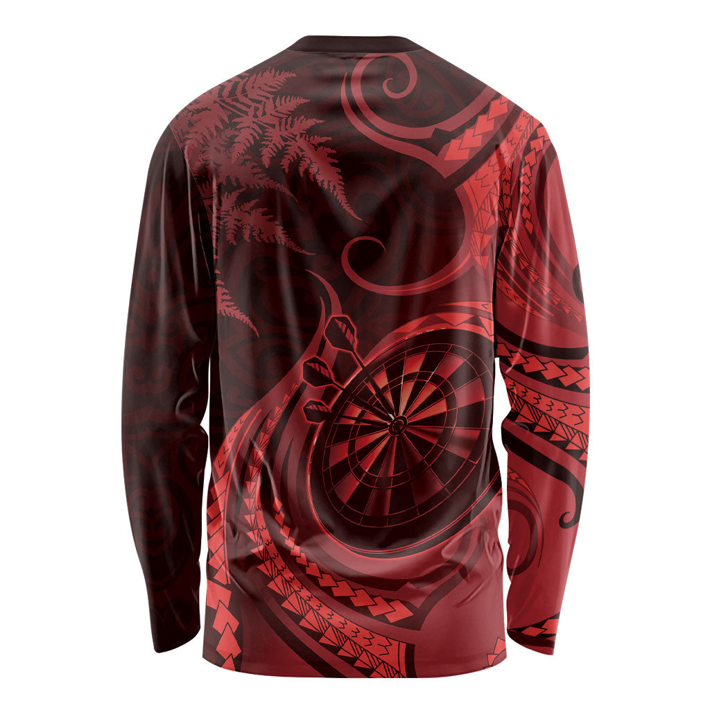 Personalised New Zealand Red Darts Long Sleeve Shirt Maori Fern Curve Style