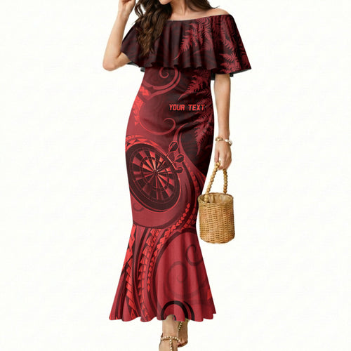 Personalised New Zealand Red Darts Mermaid Dress Maori Fern Curve Style
