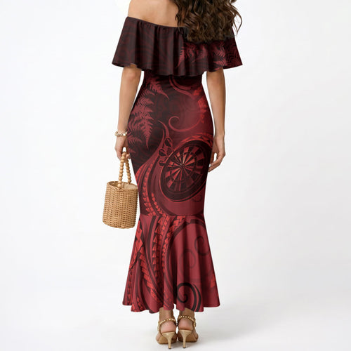 Personalised New Zealand Red Darts Mermaid Dress Maori Fern Curve Style