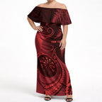 Personalised New Zealand Red Darts Off Shoulder Maxi Dress Maori Fern Curve Style