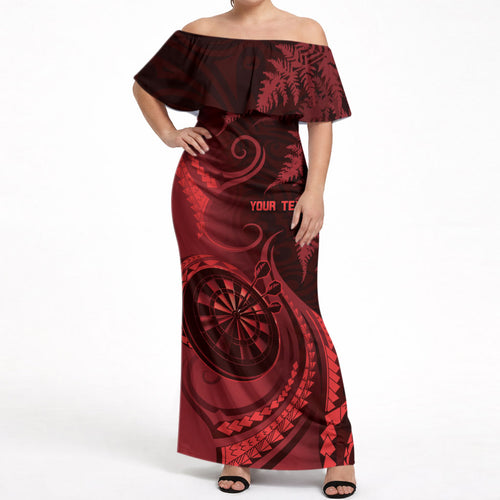 Personalised New Zealand Red Darts Off Shoulder Maxi Dress Maori Fern Curve Style