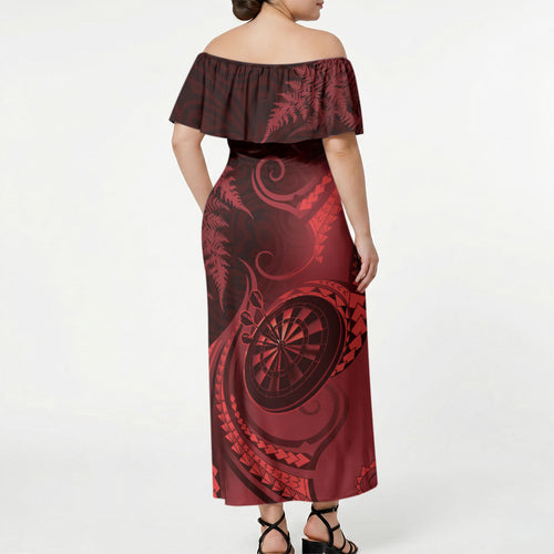 Personalised New Zealand Red Darts Off Shoulder Maxi Dress Maori Fern Curve Style
