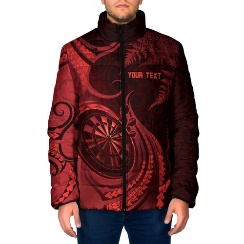 Personalised New Zealand Red Darts Padded Jacket Maori Fern Curve Style