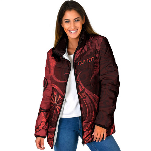 Personalised New Zealand Red Darts Padded Jacket Maori Fern Curve Style