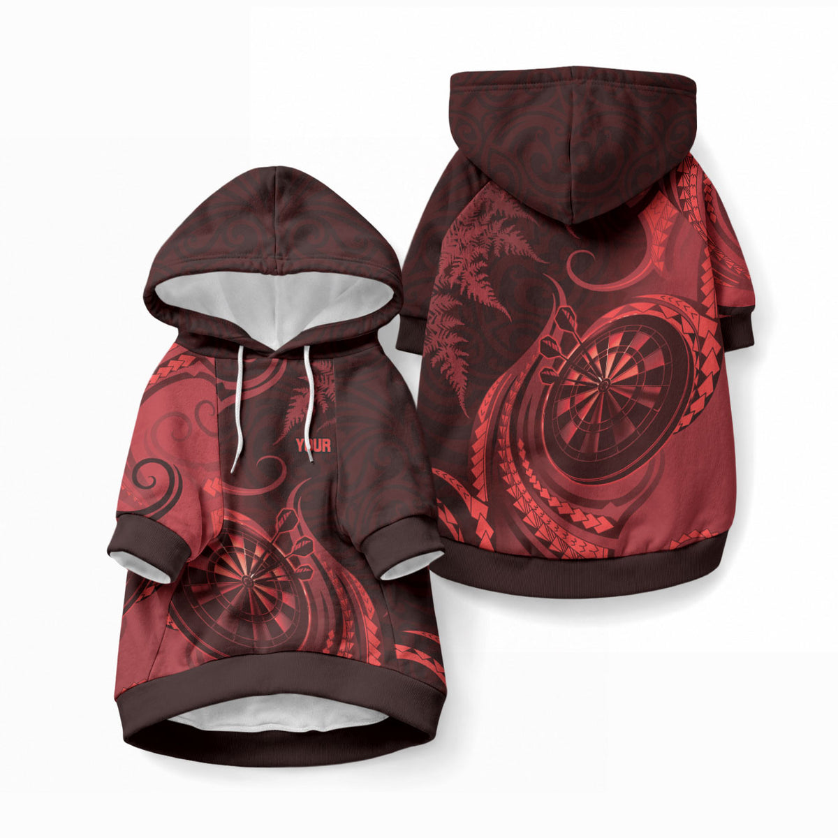 Personalised New Zealand Red Darts Pet Hoodie Maori Fern Curve Style