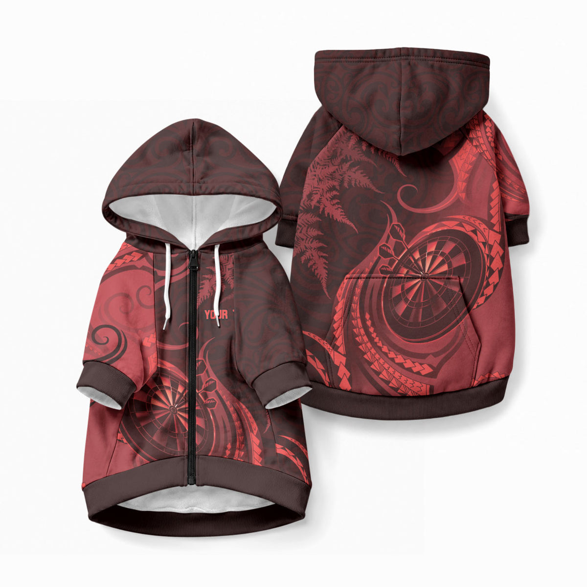 Personalised New Zealand Red Darts Pet Hoodie Maori Fern Curve Style