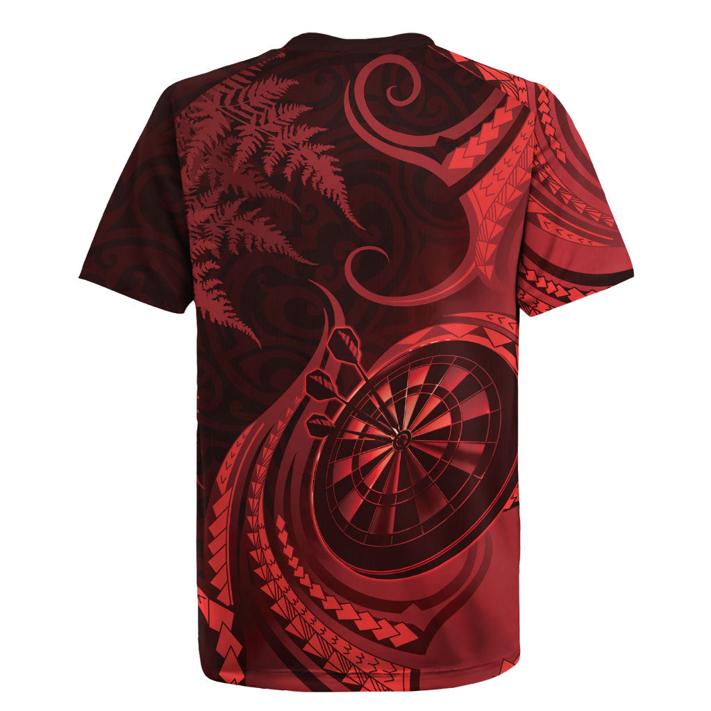 Personalised New Zealand Red Darts Rugby Jersey Maori Fern Curve Style