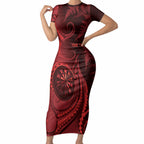Personalised New Zealand Red Darts Short Sleeve Bodycon Dress Maori Fern Curve Style