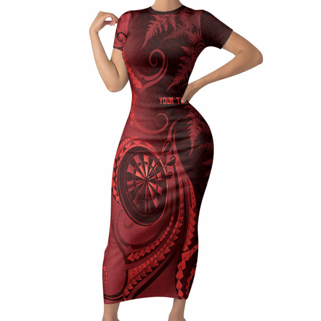 Personalised New Zealand Red Darts Short Sleeve Bodycon Dress Maori Fern Curve Style