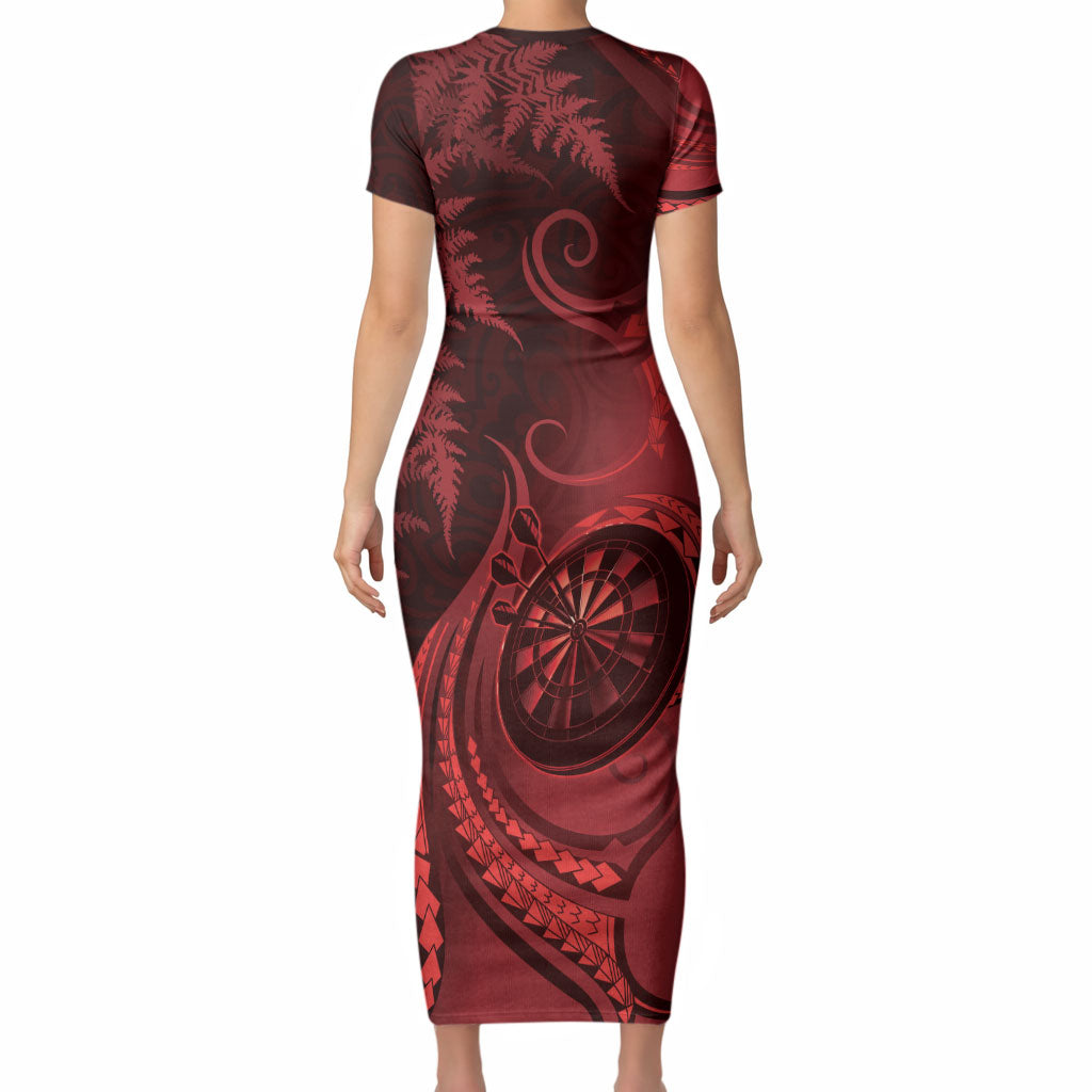 Personalised New Zealand Red Darts Short Sleeve Bodycon Dress Maori Fern Curve Style