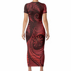 Personalised New Zealand Red Darts Short Sleeve Bodycon Dress Maori Fern Curve Style