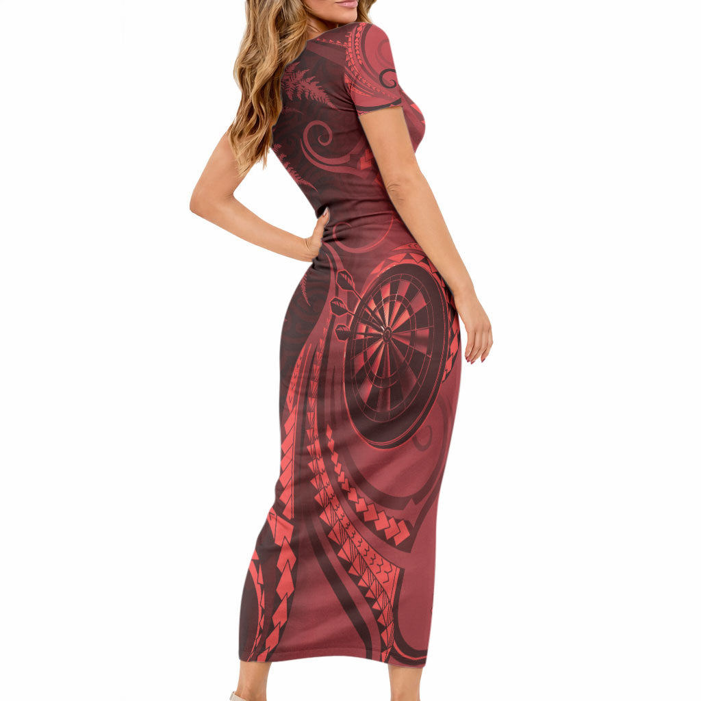 Personalised New Zealand Red Darts Short Sleeve Bodycon Dress Maori Fern Curve Style
