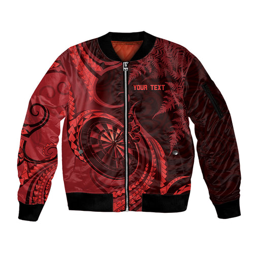 Personalised New Zealand Red Darts Sleeve Zip Bomber Jacket Maori Fern Curve Style