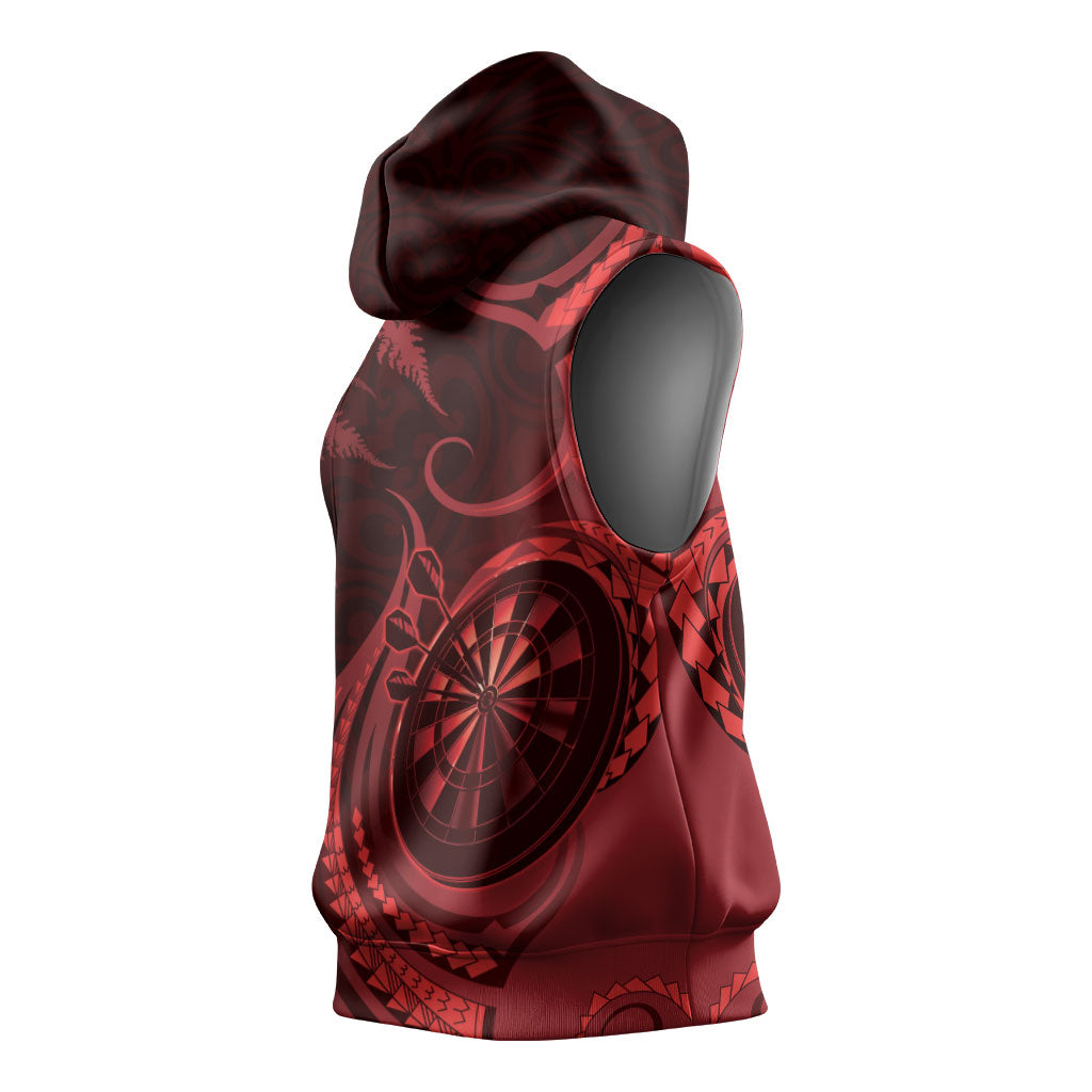 Personalised New Zealand Red Darts Sleeveless Hoodie Maori Fern Curve Style