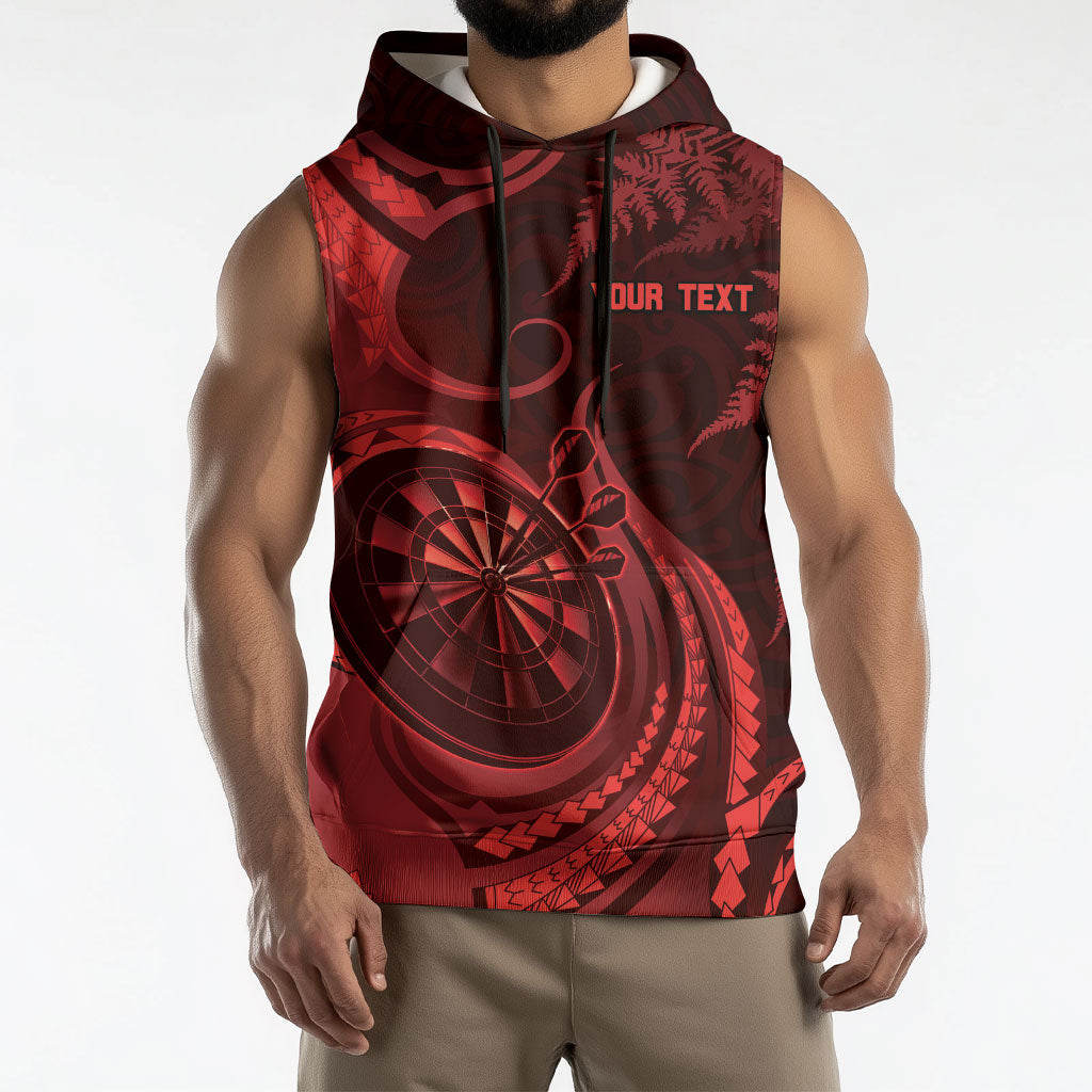 Personalised New Zealand Red Darts Sleeveless Hoodie Maori Fern Curve Style