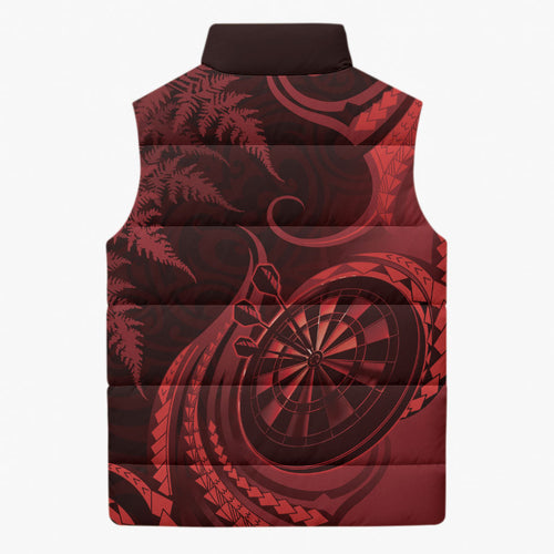 Personalised New Zealand Red Darts Sleeveless Puffer Jacket Maori Fern Curve Style