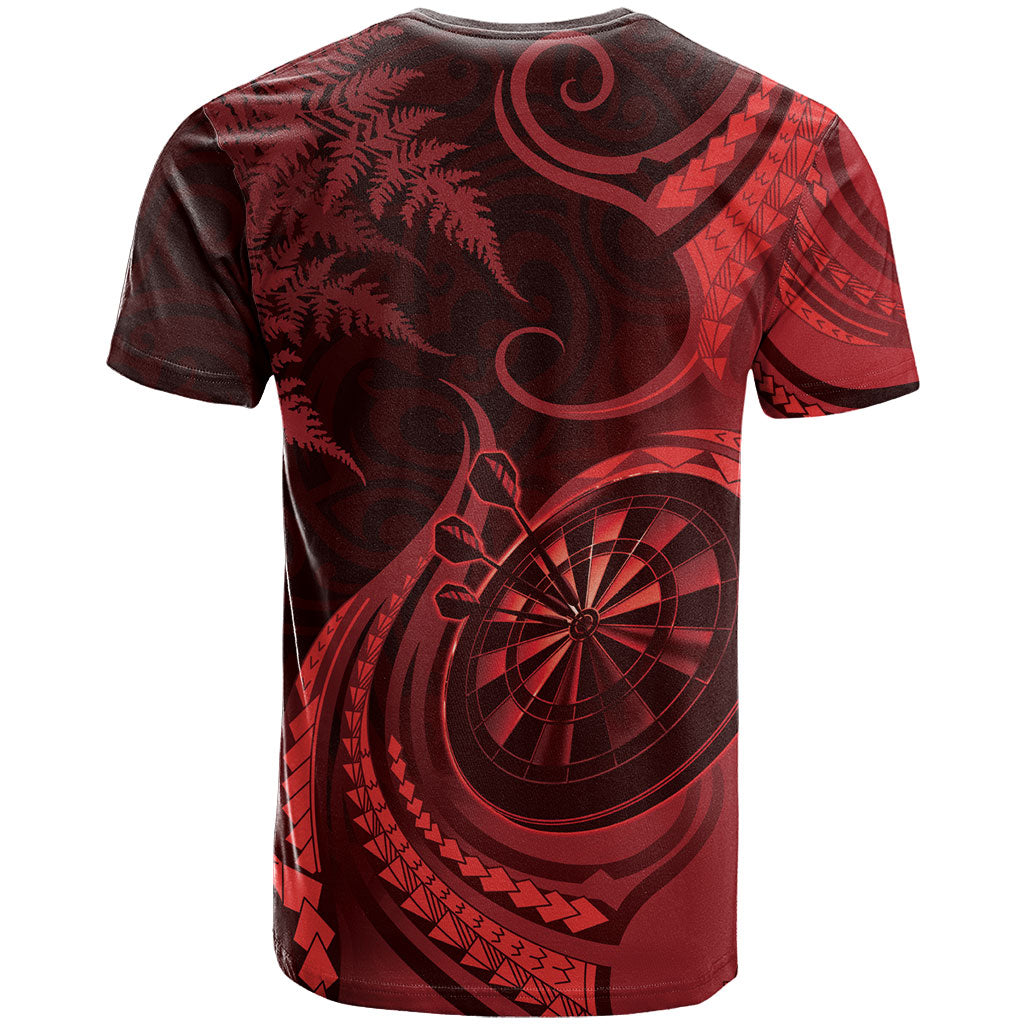 Personalised New Zealand Red Darts T Shirt Maori Fern Curve Style
