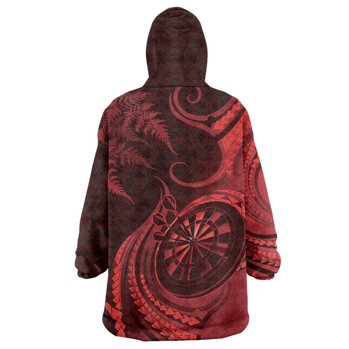 Personalised New Zealand Red Darts Wearable Blanket Hoodie Maori Fern Curve Style
