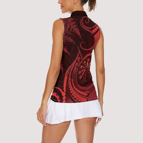 Personalised New Zealand Red Darts Women Sleeveless Polo Shirt Maori Fern Curve Style