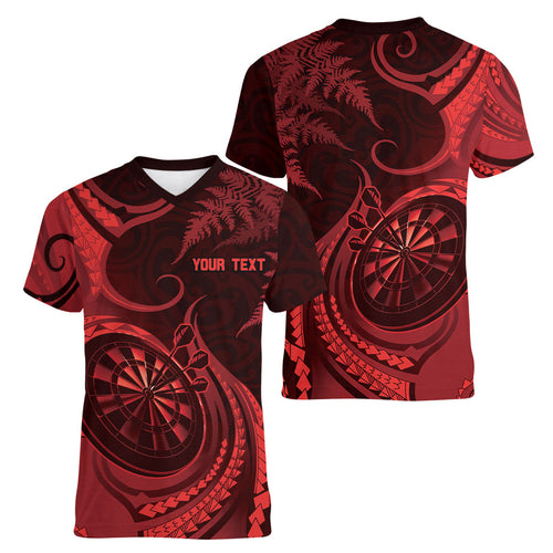 Personalised New Zealand Red Darts Women V-Neck T-Shirt Maori Fern Curve Style