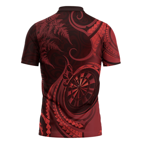 Personalised New Zealand Red Darts Zipper Polo Shirt Maori Fern Curve Style