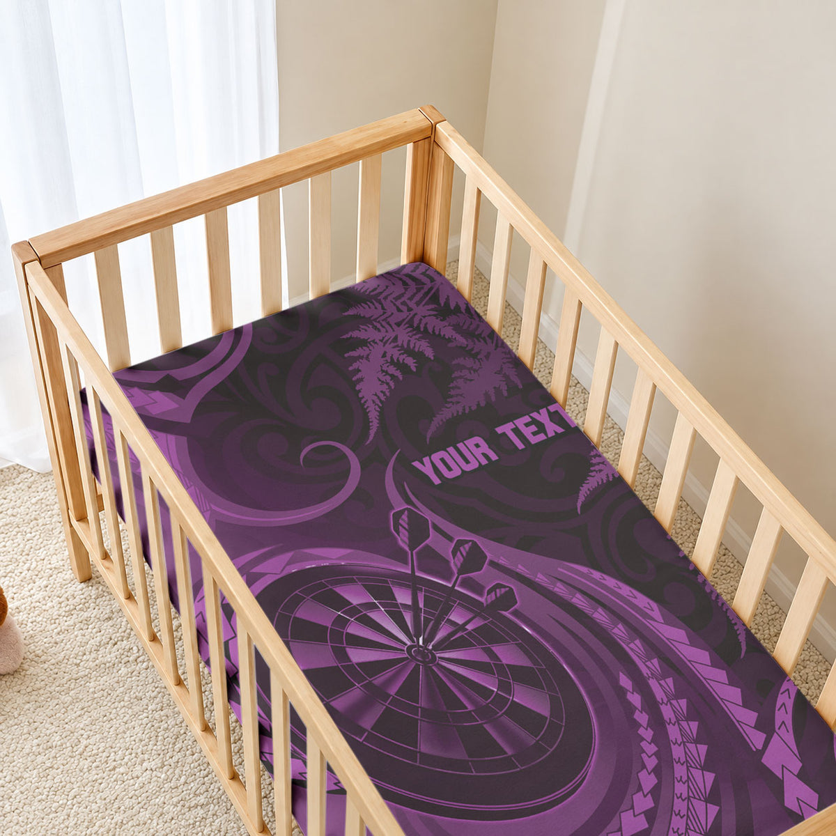 Personalised New Zealand Purple Darts Baby Bed Cover Maori Fern Curve Style