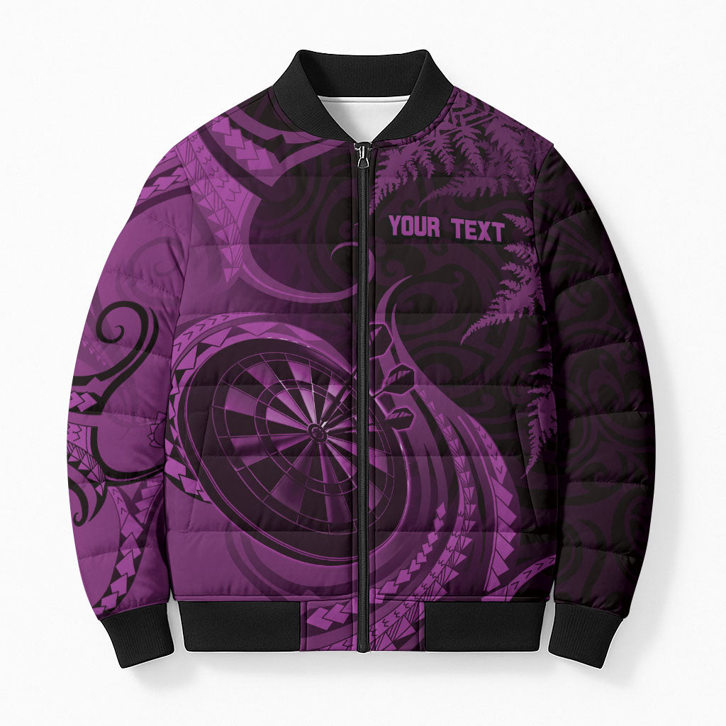 Personalised New Zealand Purple Darts Bomber Puffer Jacket Maori Fern Curve Style