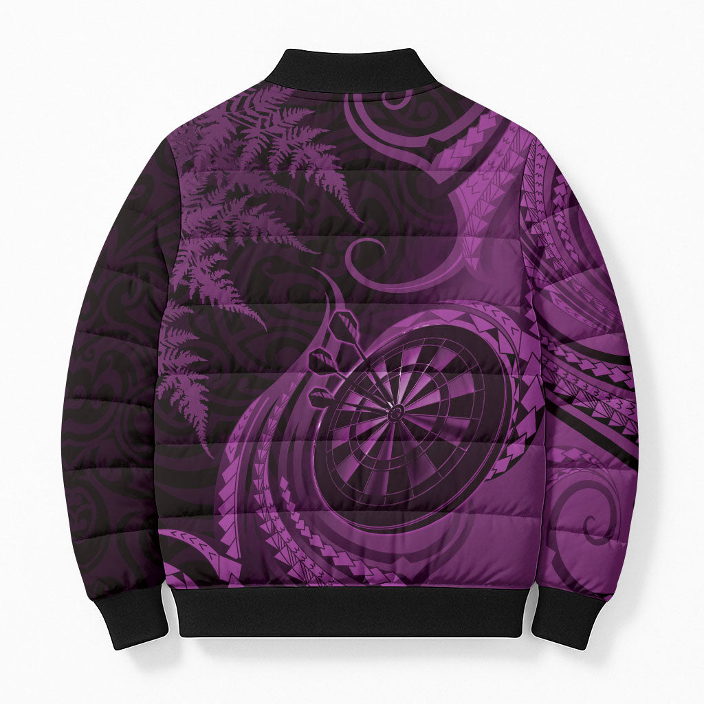 Personalised New Zealand Purple Darts Bomber Puffer Jacket Maori Fern Curve Style