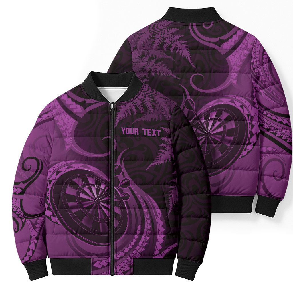 Personalised New Zealand Purple Darts Bomber Puffer Jacket Maori Fern Curve Style