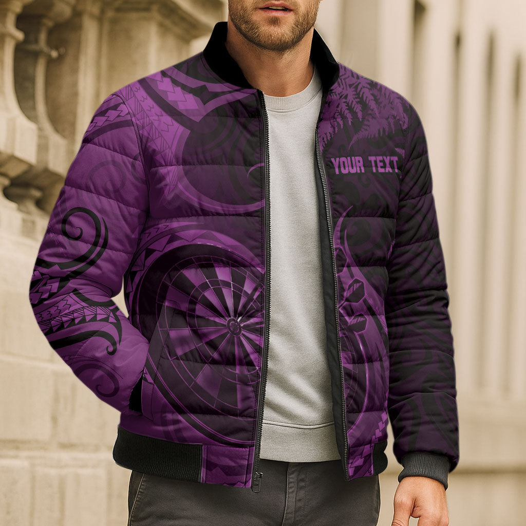 Personalised New Zealand Purple Darts Bomber Puffer Jacket Maori Fern Curve Style